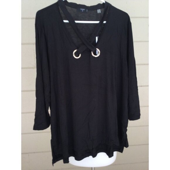 T Tahari Womens Black Knit Top Grommet Cross Neck $68 Plus Size 2X Stretch Hi/Lo - Picture 2 of 6